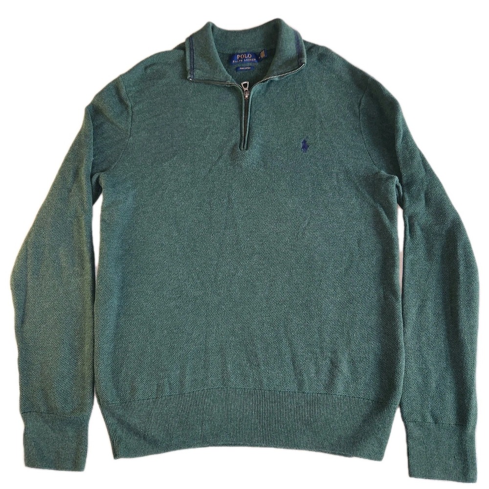 POLO RALPH LAUREN Quarter Zip Pullover Sweater Mens Medium Green Pima Cotton - Picture 2 of 7